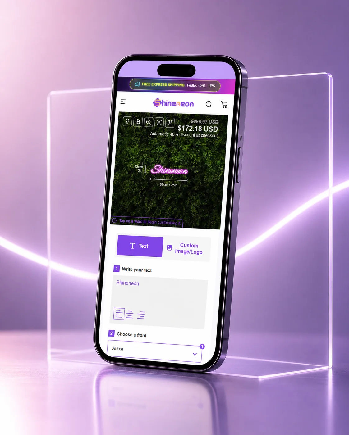 ShineNeon customizer displayed on a premium smartphone