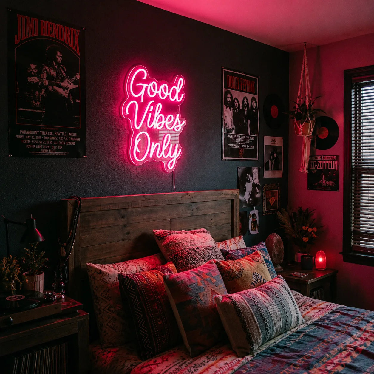 Good Vibes Only LED neon sign in a music-inspired bedroom