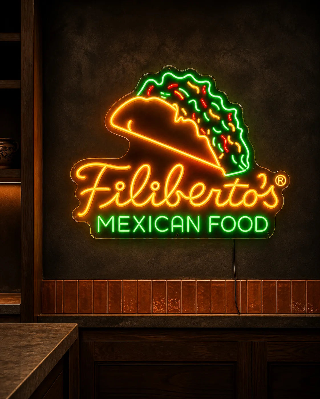 Custom restaurant logo neon sign installed in a premium interior