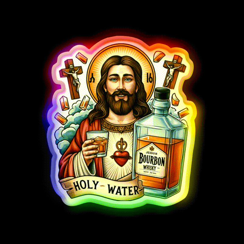 Full-color Funny Bourbon Jesus Whiskey UV printed neon sign with selective LED glow