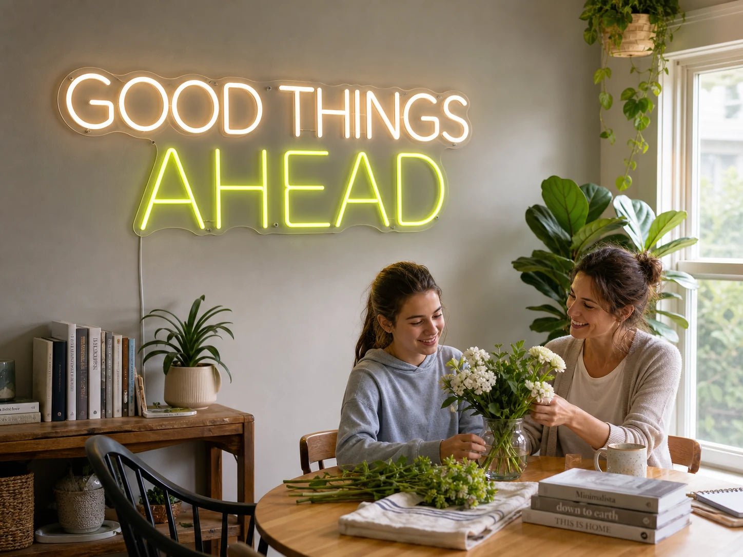 American family enjoying an uplifting GOOD THINGS AHEAD Pure LED neon sign at home