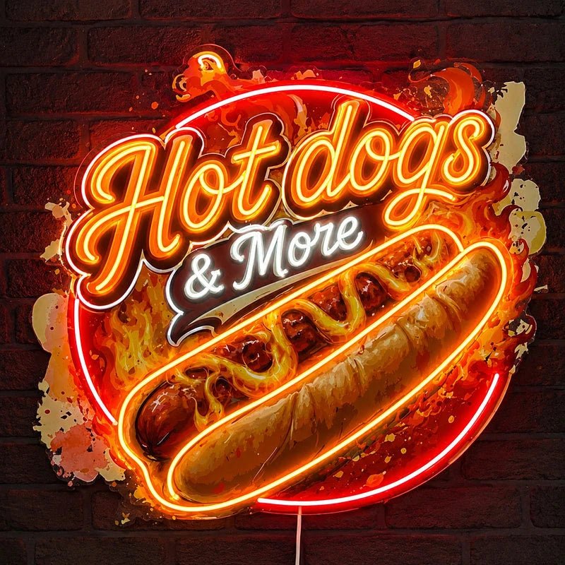 Hot Dogs and More UV printed neon business sign