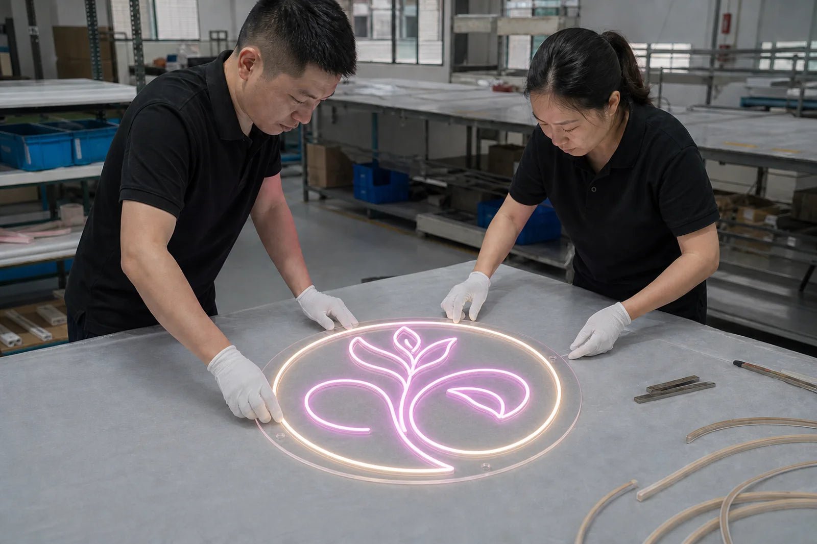 Two technicians handcrafting the approved LED neon sign in the factory