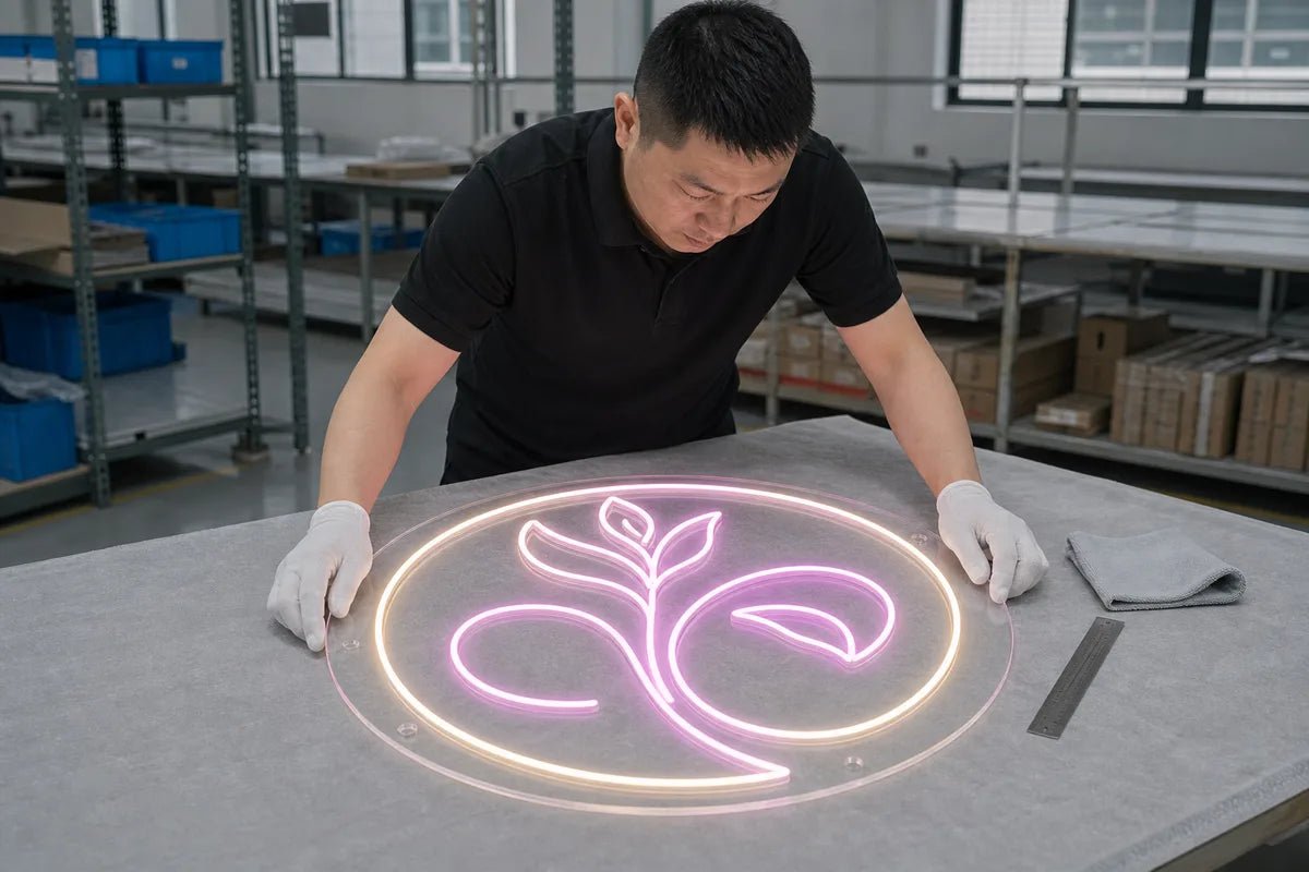 A technician inspecting the completed LED neon sign