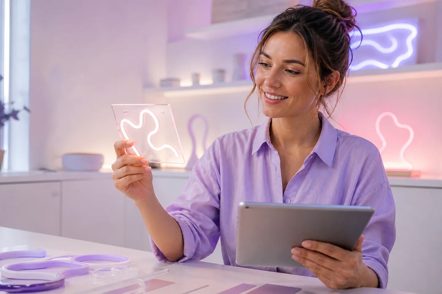Designer reviewing an LED neon sample in a bright studio