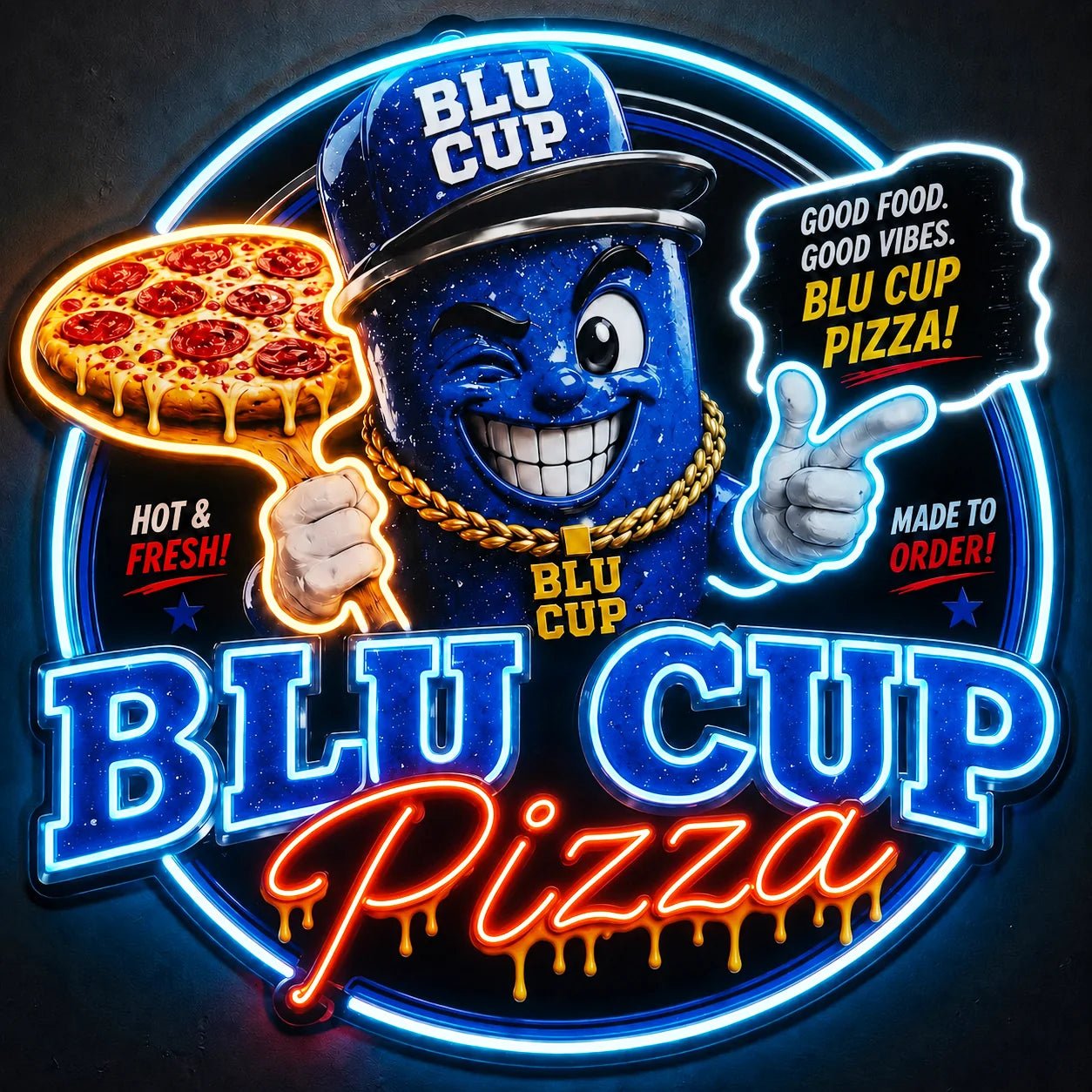 Full-color pizza brand artwork with selective LED neon lighting