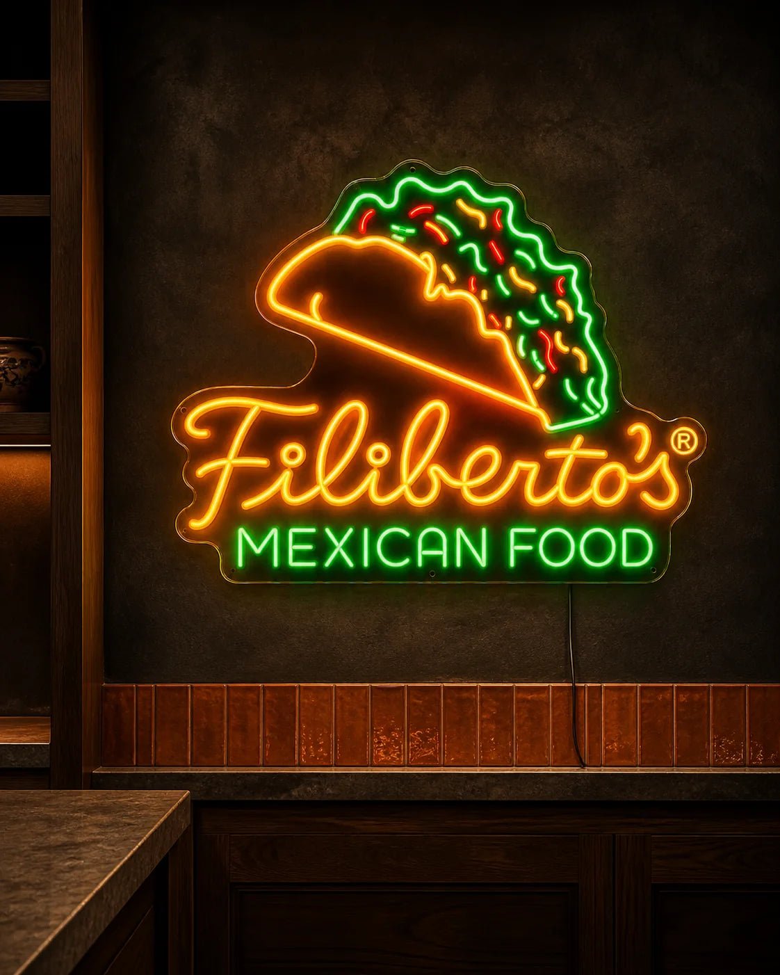 Custom restaurant logo neon sign installed in a premium interior