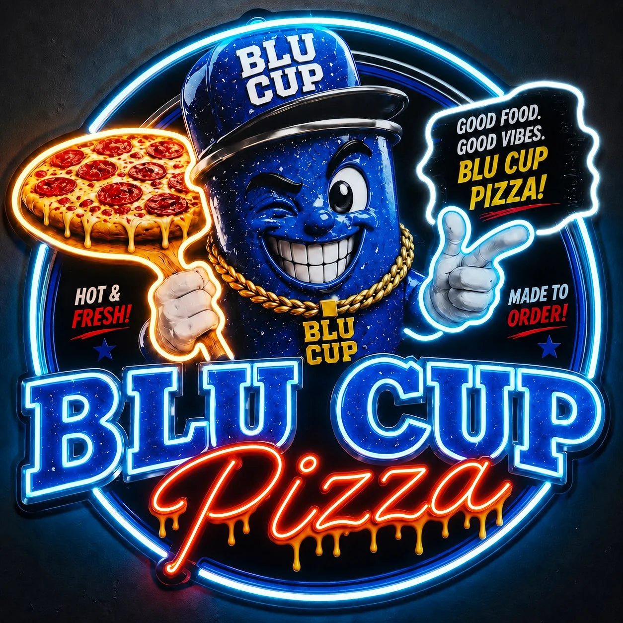 Full-color pizza brand artwork with selective LED neon lighting